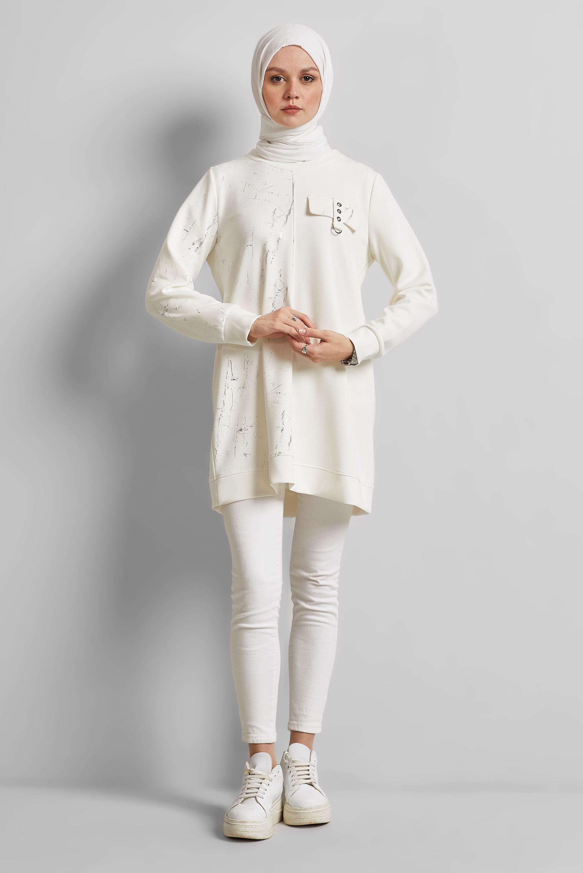 Tesettür giyim BEYAZ BİSİKLET YAKA EŞOFMAN TUNİK 45441
