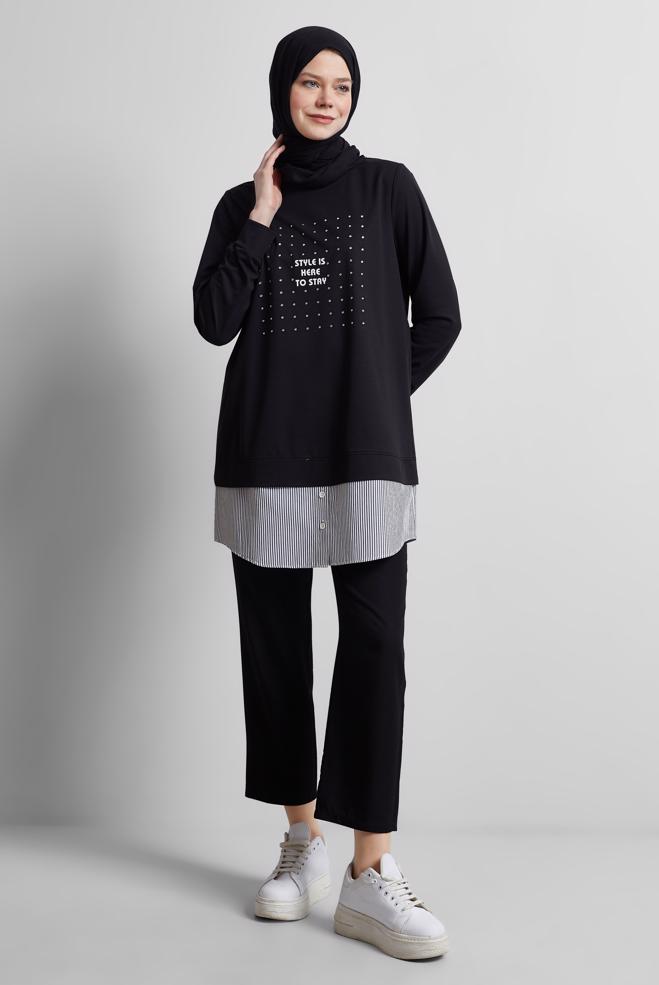 Hijab-Kleidung SCHWARZ TRAININGSANZUG-TUNIKA MIT JUWELEN 45442 - ALVİNA