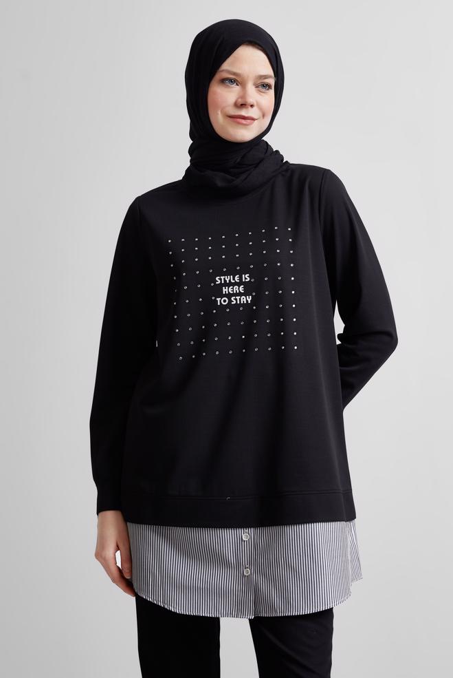 Hijab-Kleidung SCHWARZ TRAININGSANZUG-TUNIKA MIT JUWELEN 45442 - ALVİNA