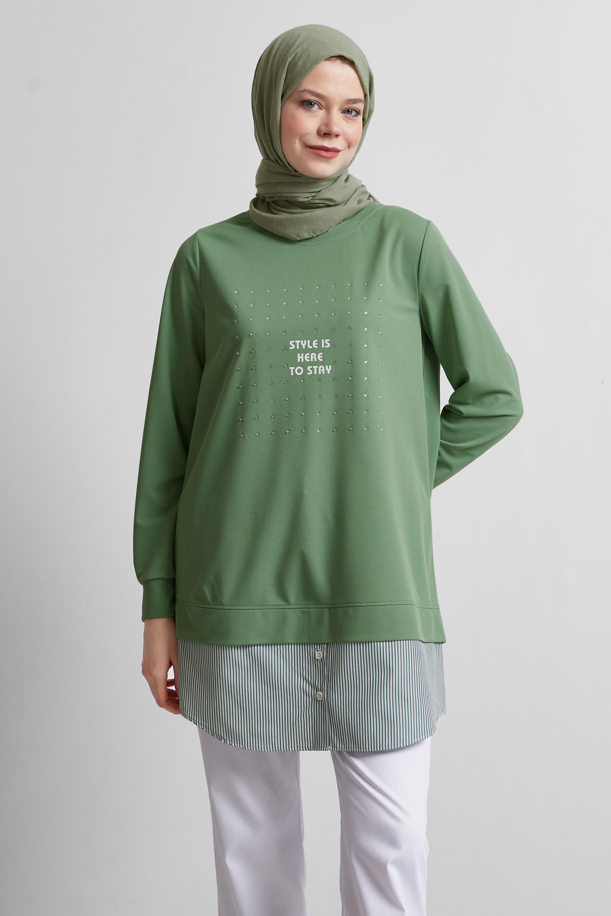 Tesettür giyim YEŞİL TAŞLI EŞOFMAN TUNİK 45442