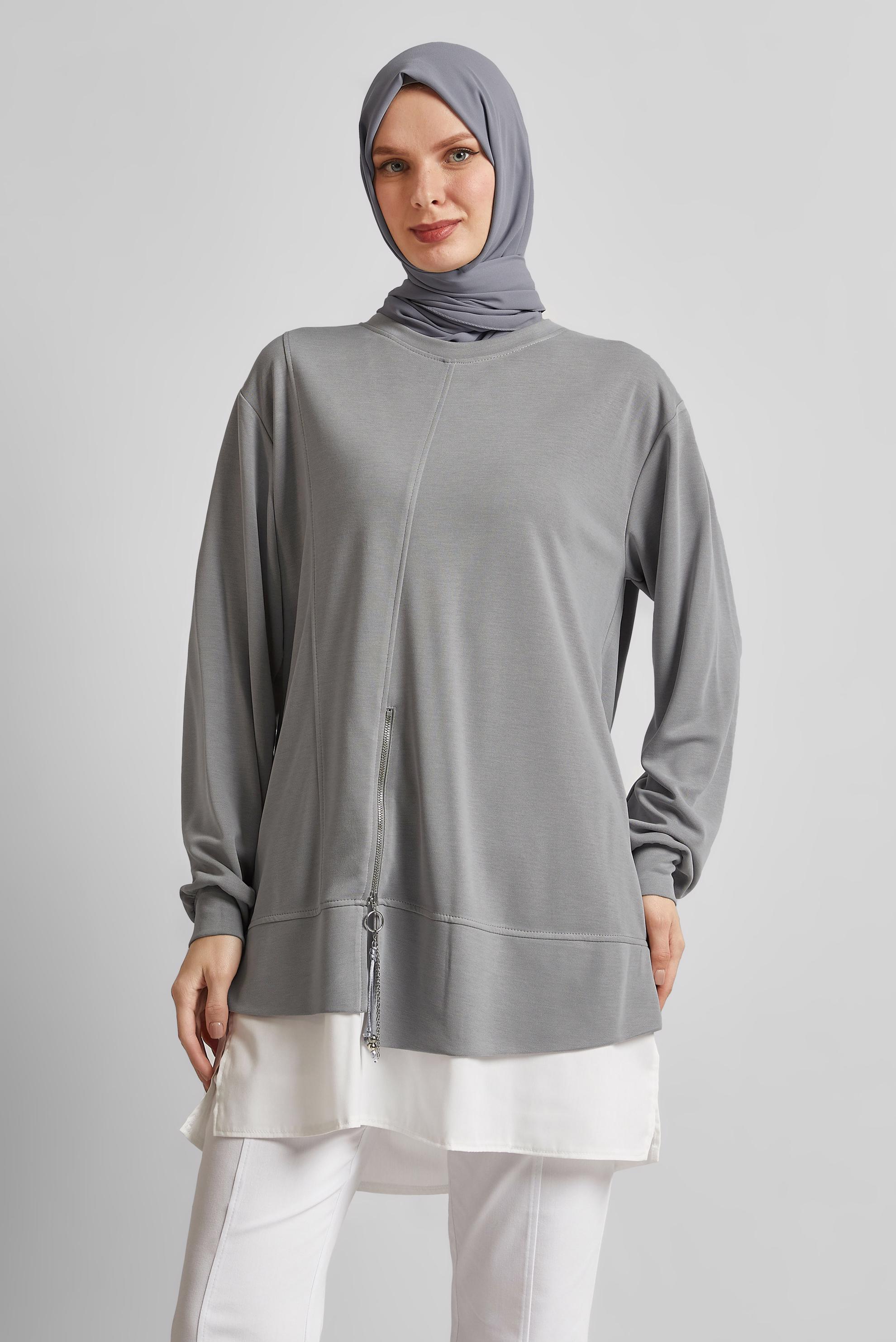 Tesettür giyim GRİ BİSİKLET YAKA EŞOFMAN TUNİK 45461