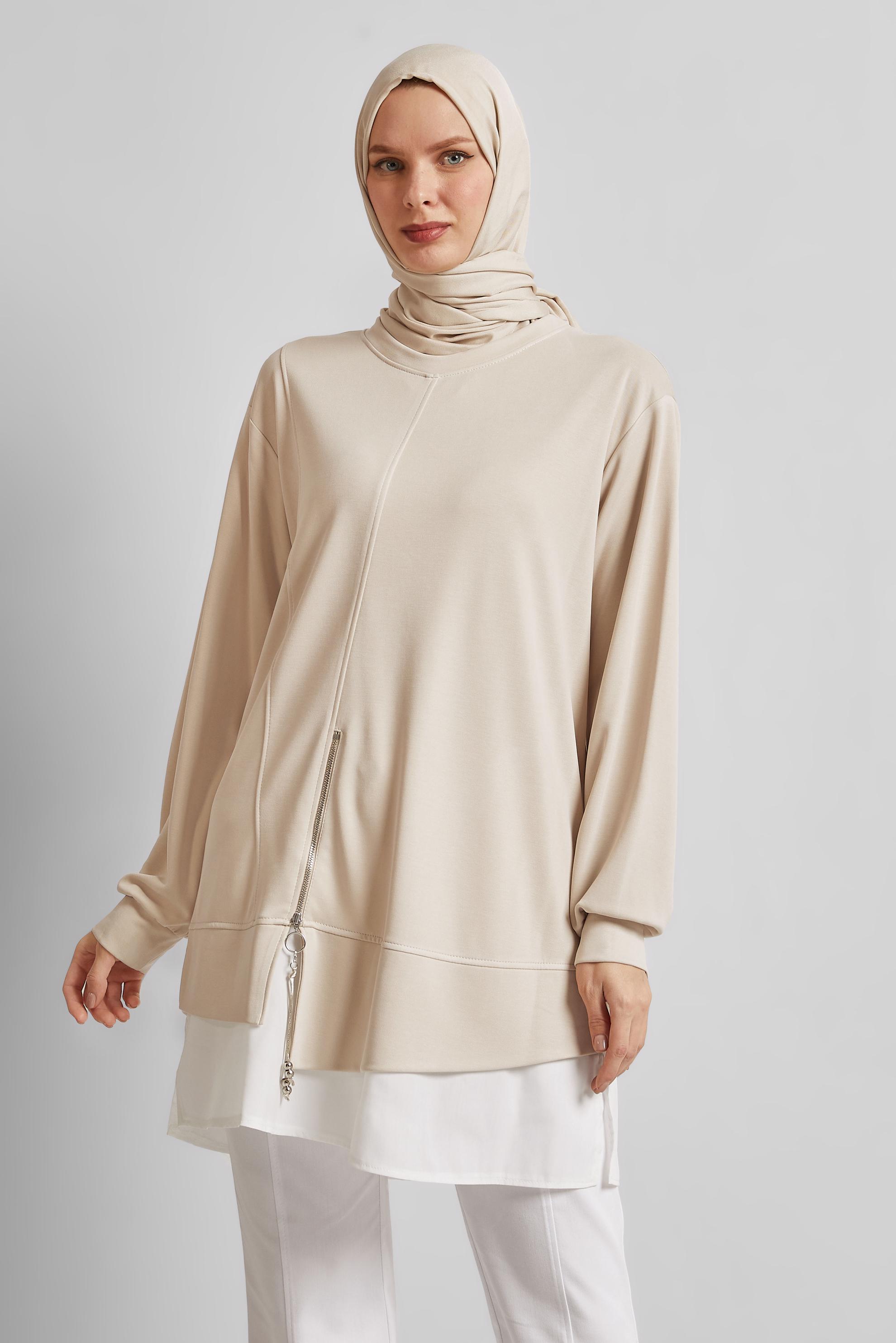 Tesettür giyim BEJ BİSİKLET YAKA EŞOFMAN TUNİK 45461