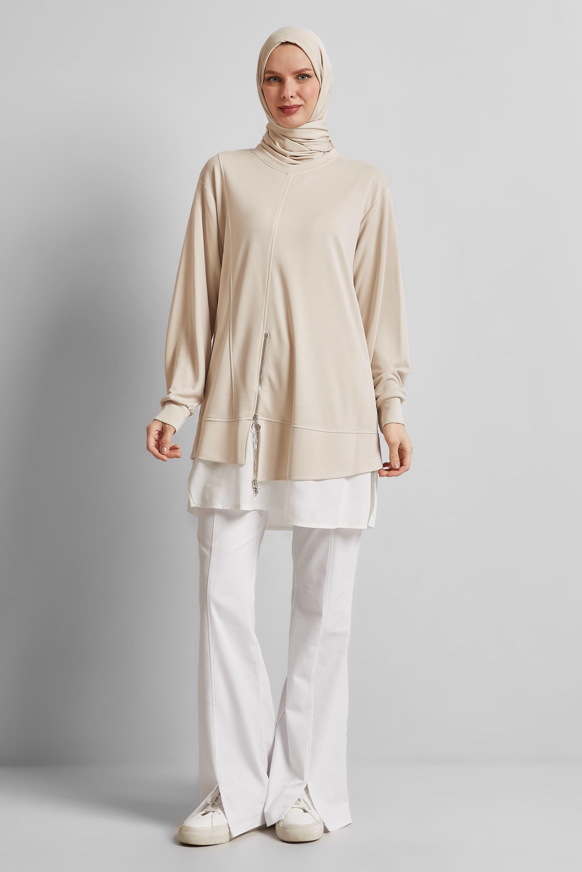 Tesettür giyim BEJ BİSİKLET YAKA EŞOFMAN TUNİK 45461
