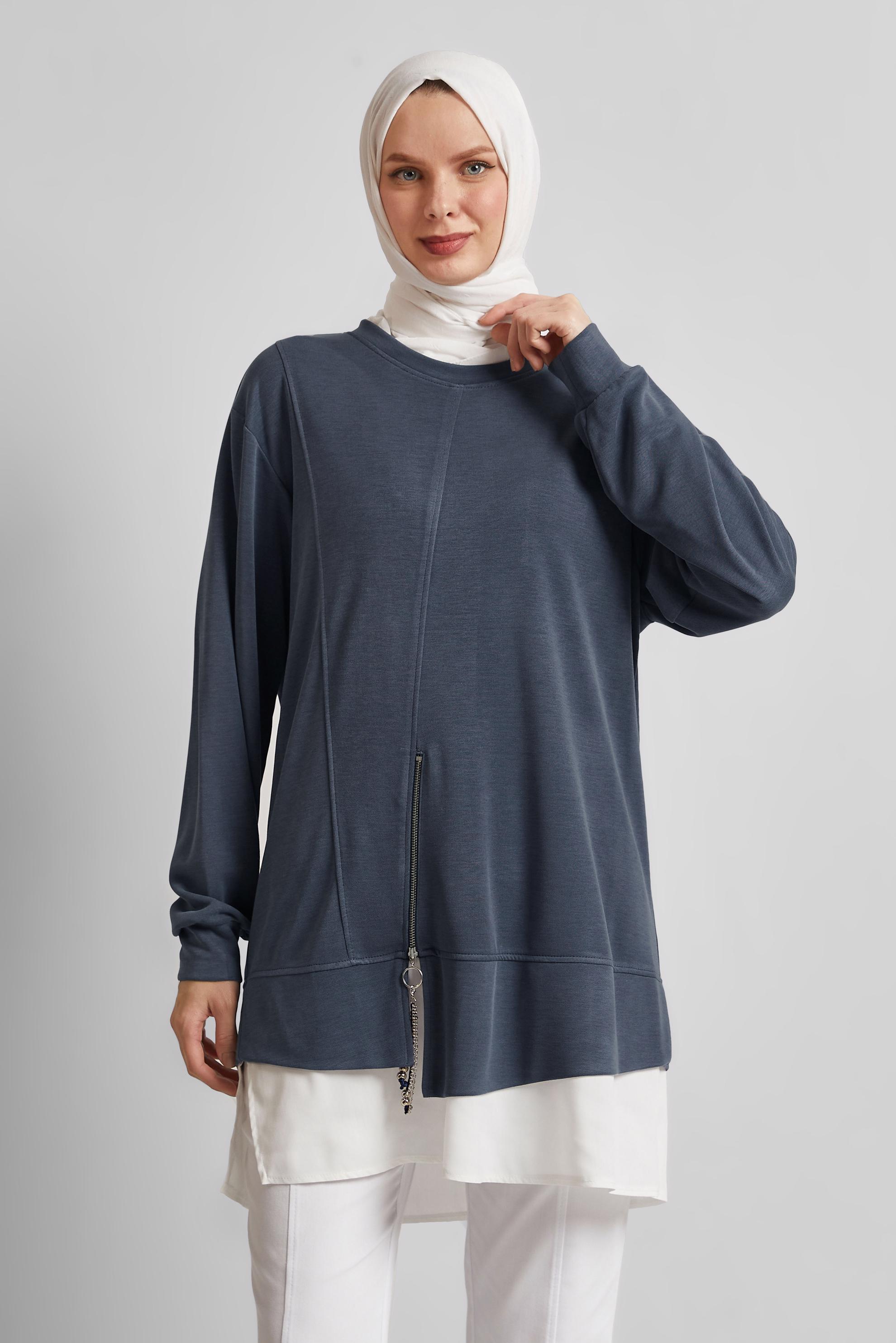 Tesettür giyim GRİ BİSİKLET YAKA EŞOFMAN TUNİK 45461