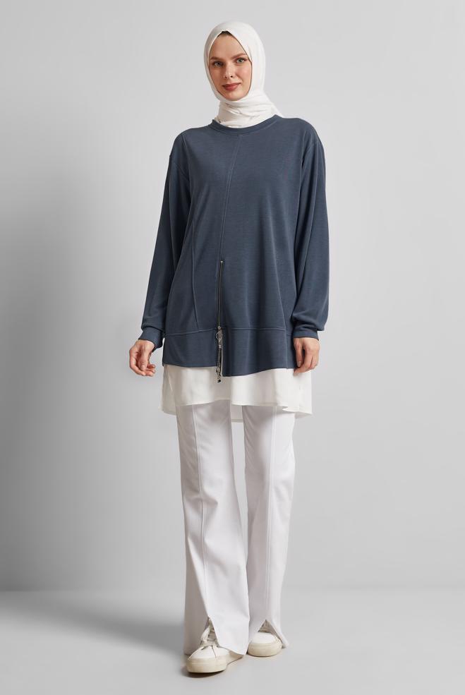 Hijab-Kleidung GRAU TRAININGSTUNIKA MIT RUNDHALSAUSSCHNITT 45461 - ALVİNA