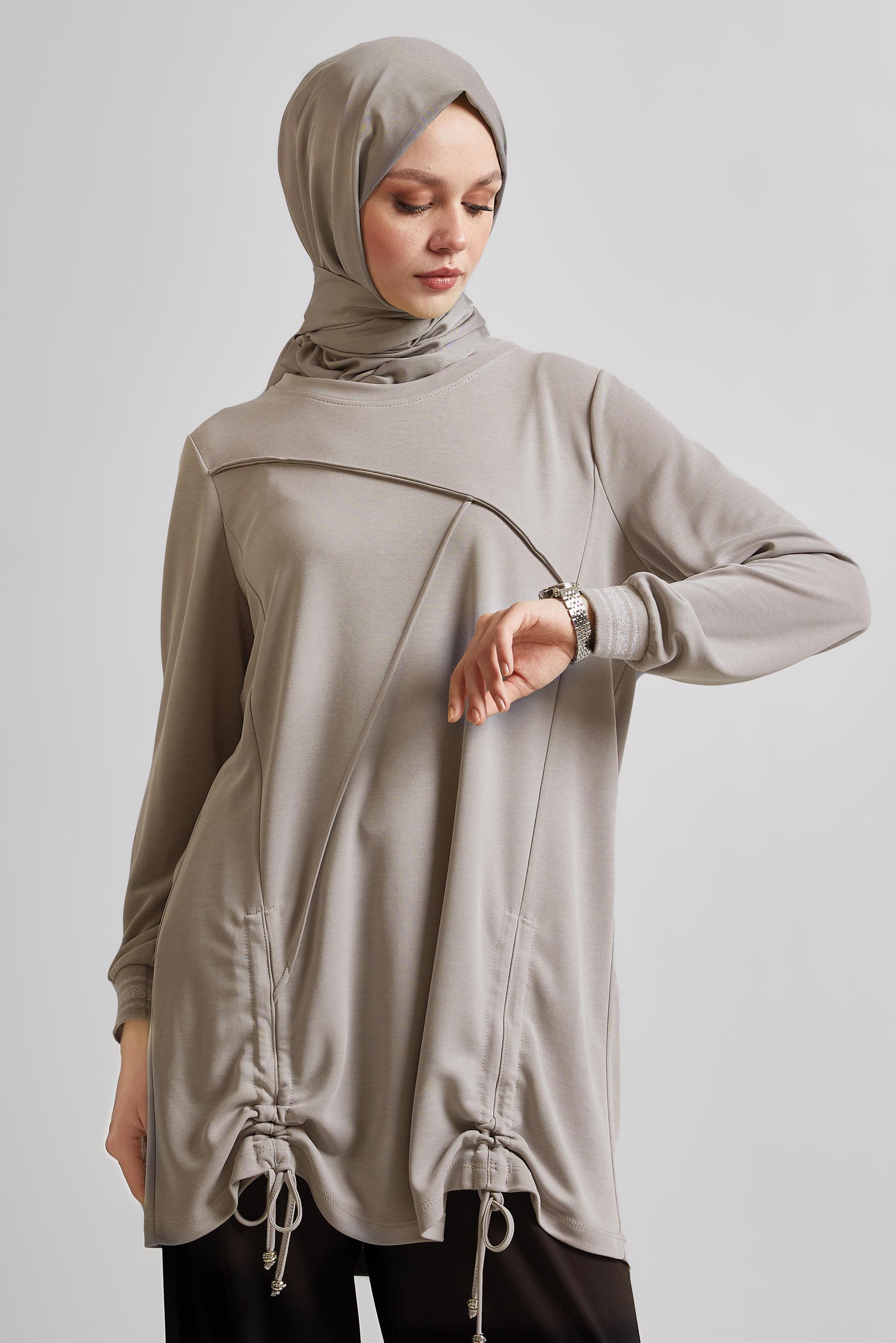 Tesettür giyim BEJ BÜZGÜ DETAYLI EŞOFMAN TUNİK 45462