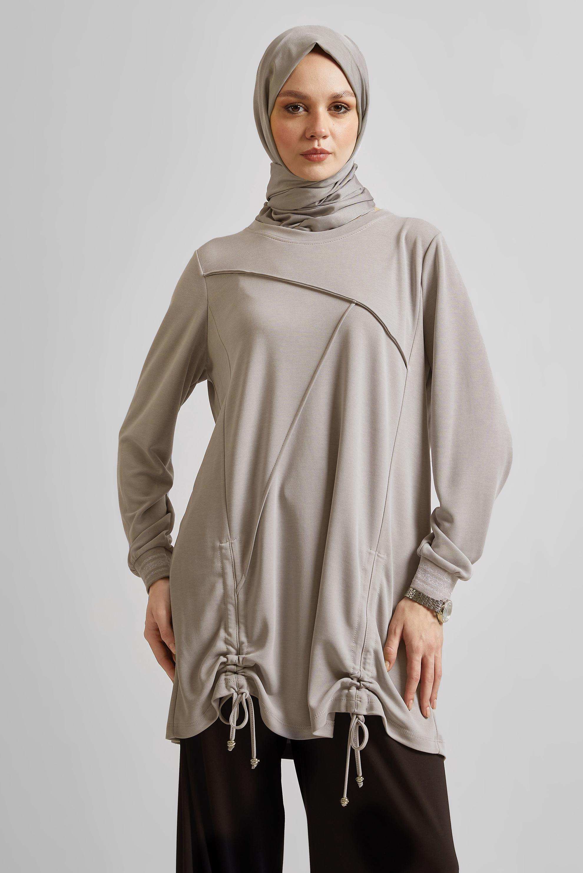 Tesettür giyim BEJ BÜZGÜ DETAYLI EŞOFMAN TUNİK 45462