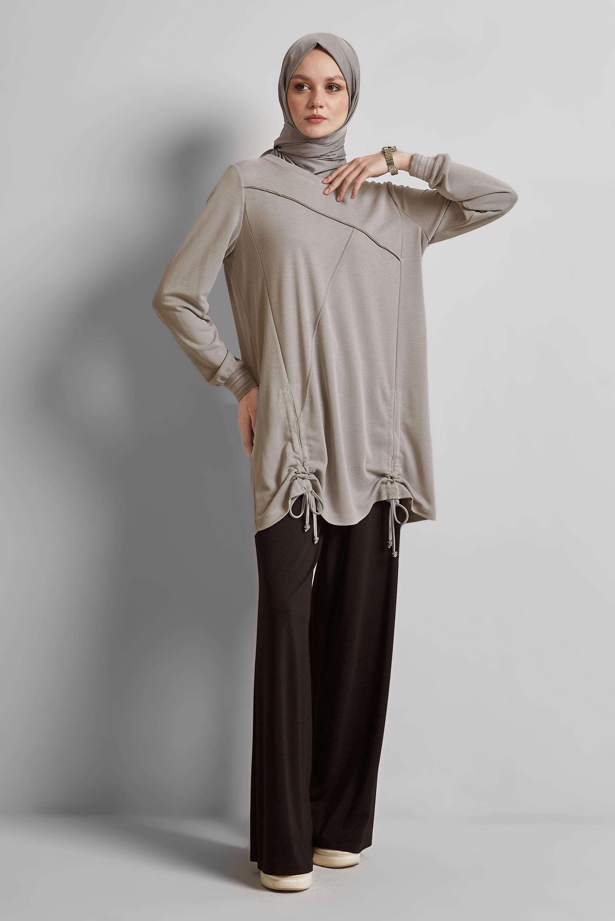 Tesettür giyim BEJ BÜZGÜ DETAYLI EŞOFMAN TUNİK 45462