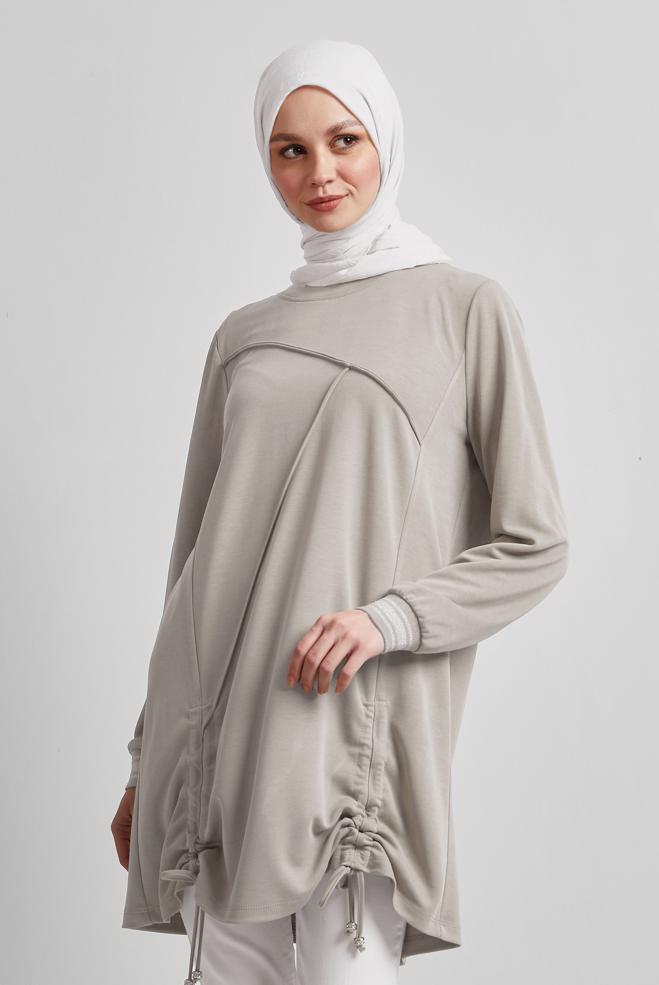 Vêtements hijab BEIGE TUNIQUE DE SURVÊTEMENT SMOCKÉE 45462 - ALVİNA