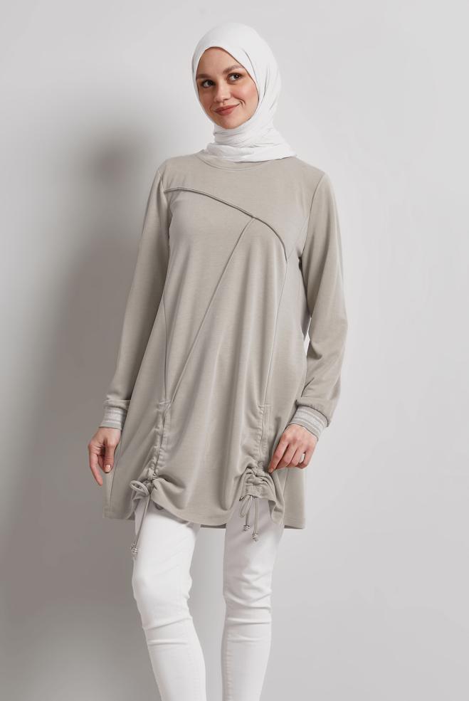 Vêtements hijab BEIGE TUNIQUE DE SURVÊTEMENT SMOCKÉE 45462 - ALVİNA
