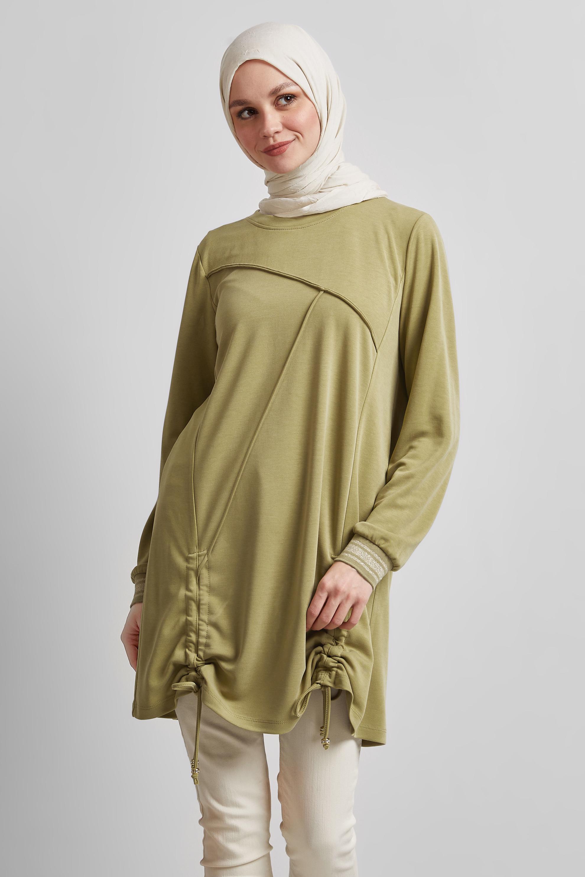 Tesettür giyim YEŞİL BÜZGÜ DETAYLI EŞOFMAN TUNİK 45462