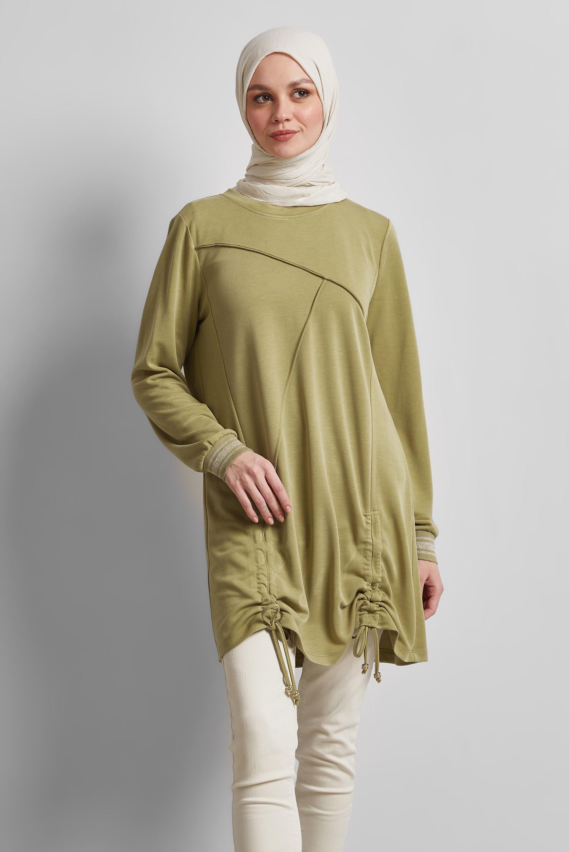 Tesettür giyim YEŞİL BÜZGÜ DETAYLI EŞOFMAN TUNİK 45462