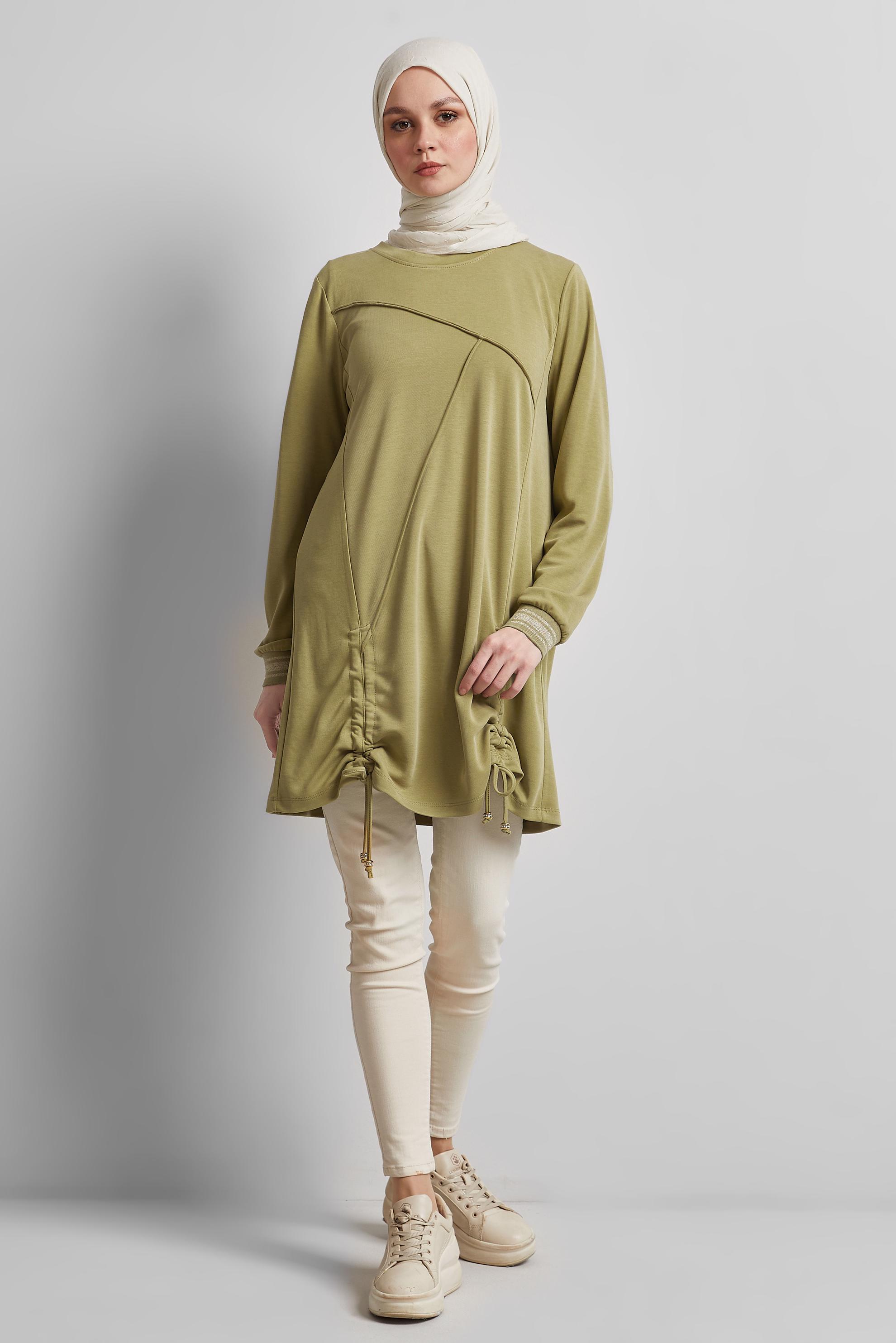 Tesettür giyim YEŞİL BÜZGÜ DETAYLI EŞOFMAN TUNİK 45462