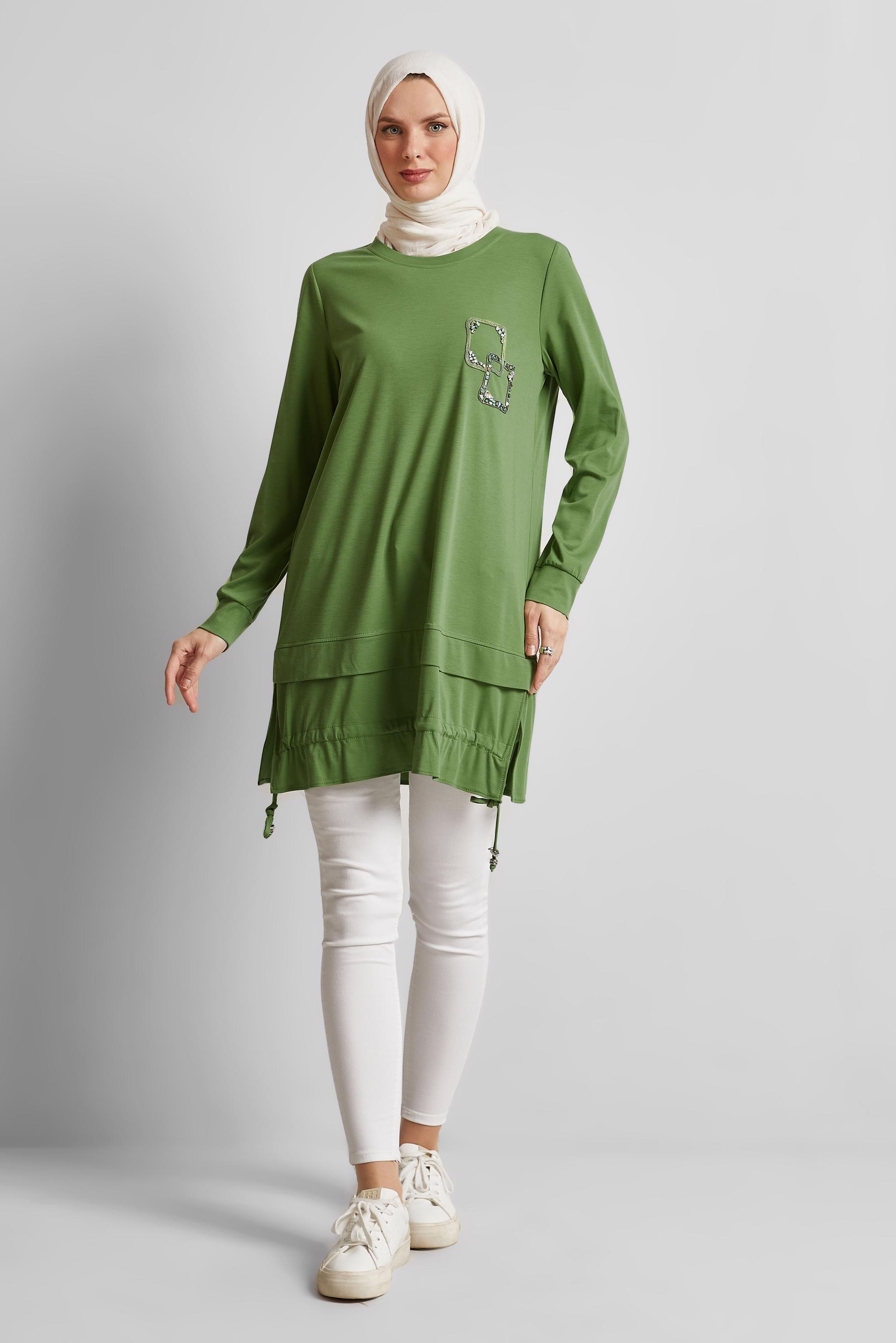 Tesettür giyim YEŞİL BÜZGÜ DETAYLI EŞOFMAN TUNİK 45463