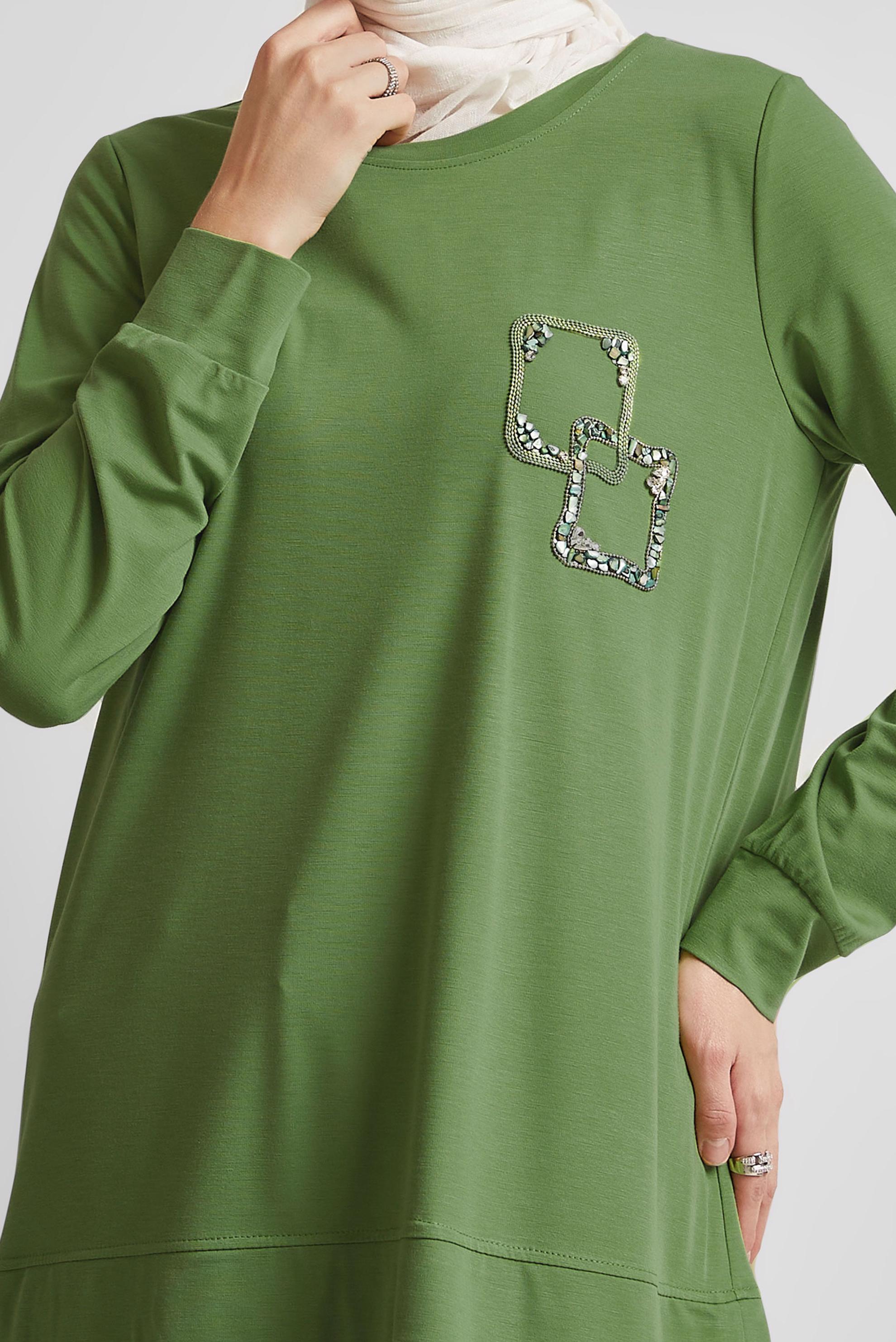 Tesettür giyim YEŞİL BÜZGÜ DETAYLI EŞOFMAN TUNİK 45463