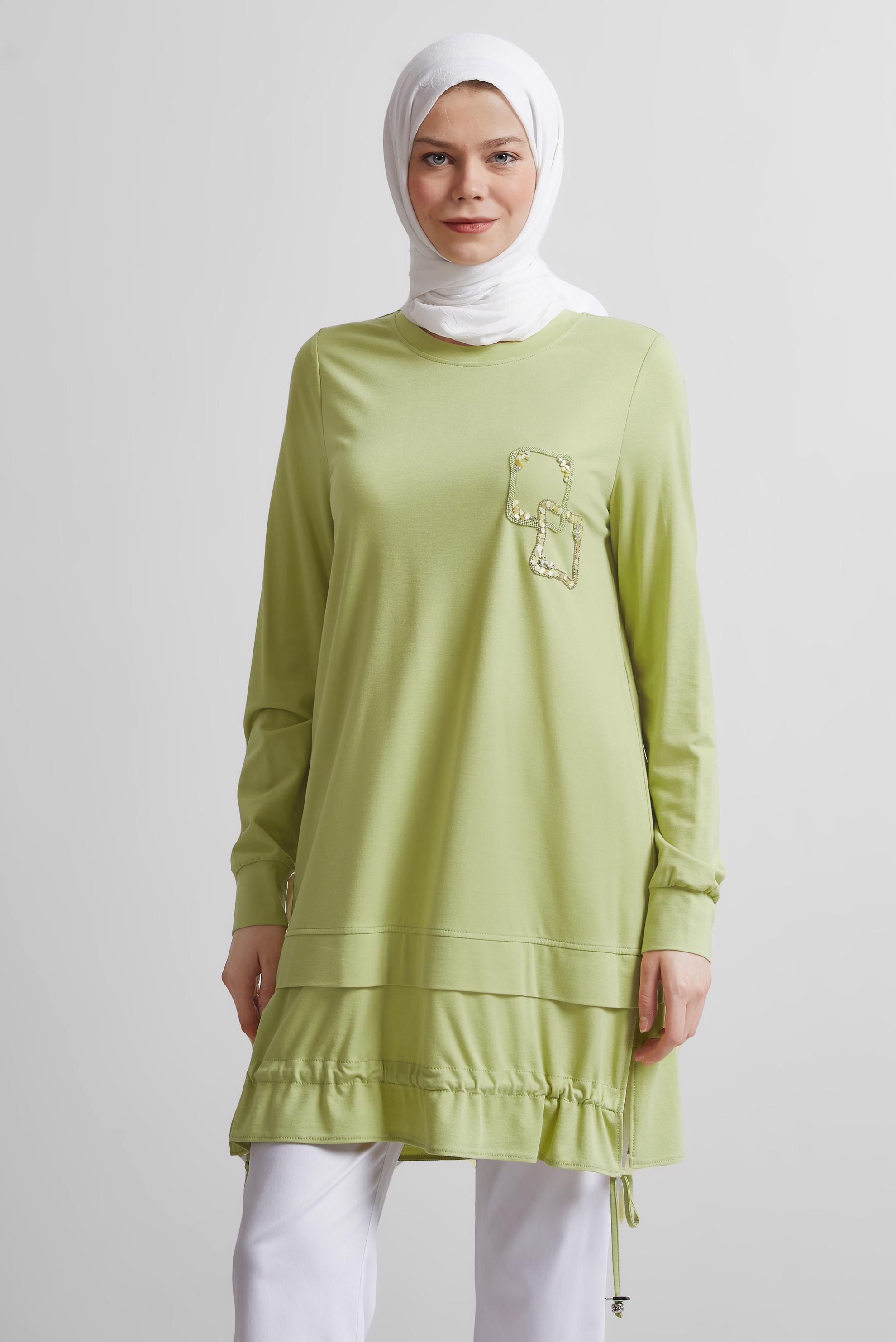 Tesettür giyim SARI BÜZGÜ DETAYLI EŞOFMAN TUNİK 45463