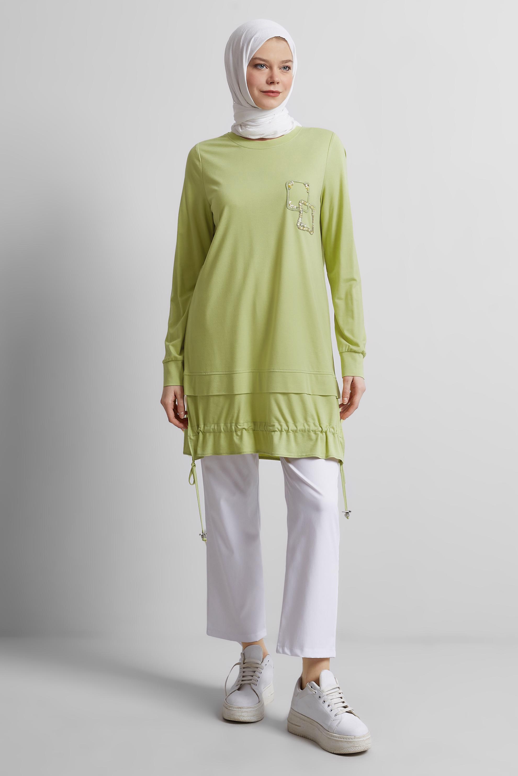 Tesettür giyim SARI BÜZGÜ DETAYLI EŞOFMAN TUNİK 45463