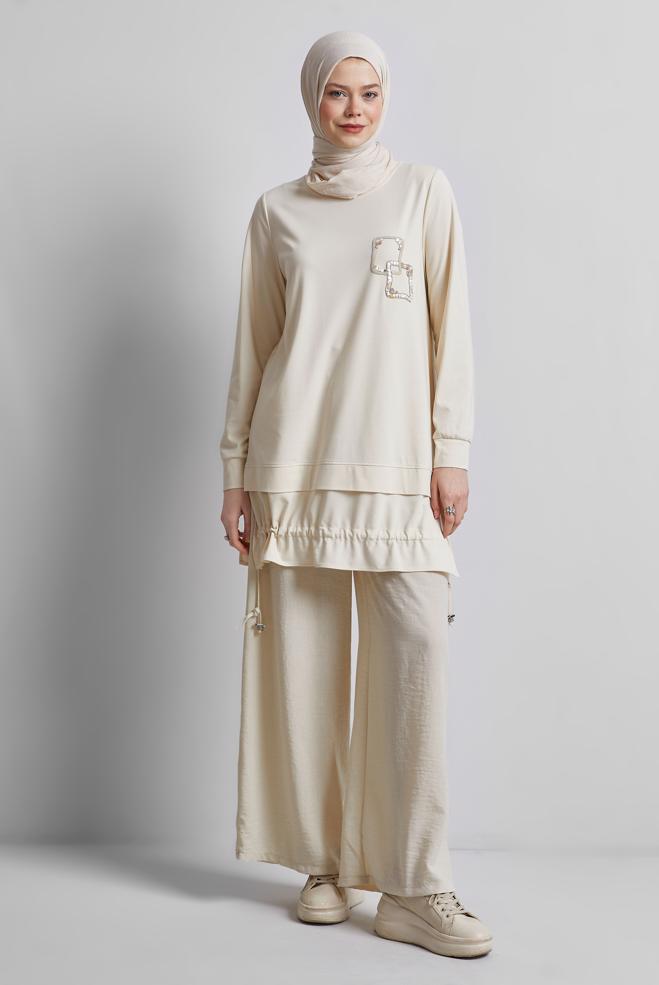 Hijab-Kleidung ECRU GESMOKTE TRAININGSANZUG-TUNIKA 45463 - ALVİNA