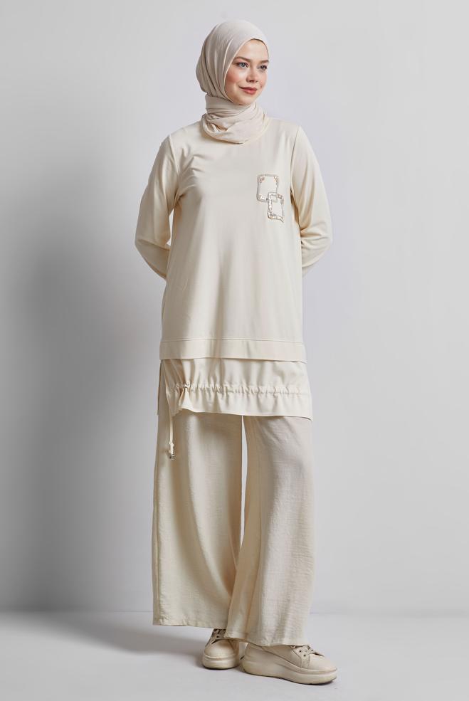 Hijab-Kleidung ECRU GESMOKTE TRAININGSANZUG-TUNIKA 45463 - ALVİNA