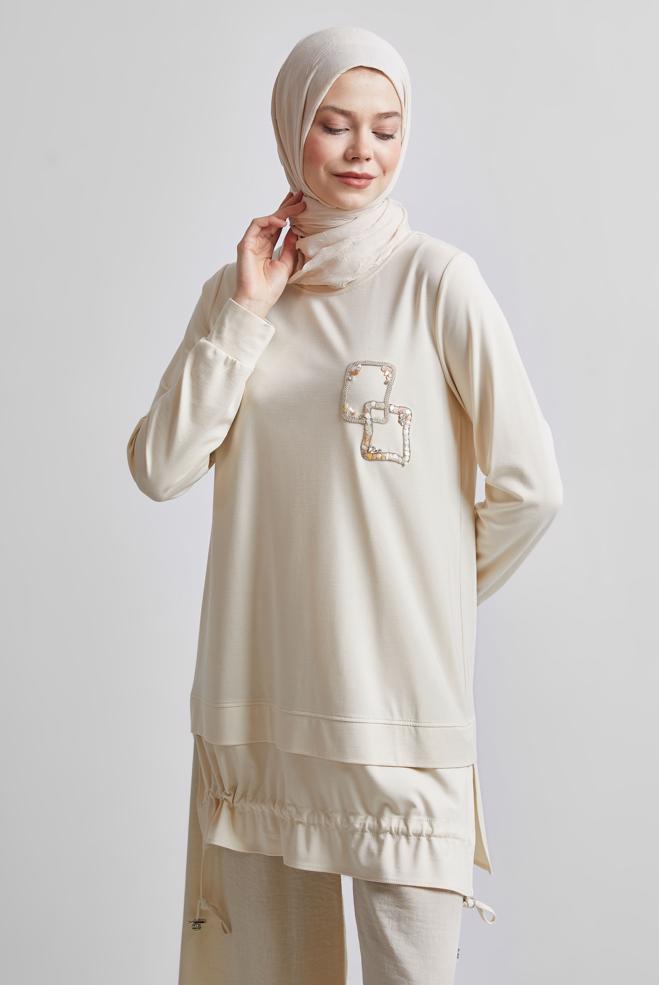 Hijab-Kleidung ECRU GESMOKTE TRAININGSANZUG-TUNIKA 45463 - ALVİNA