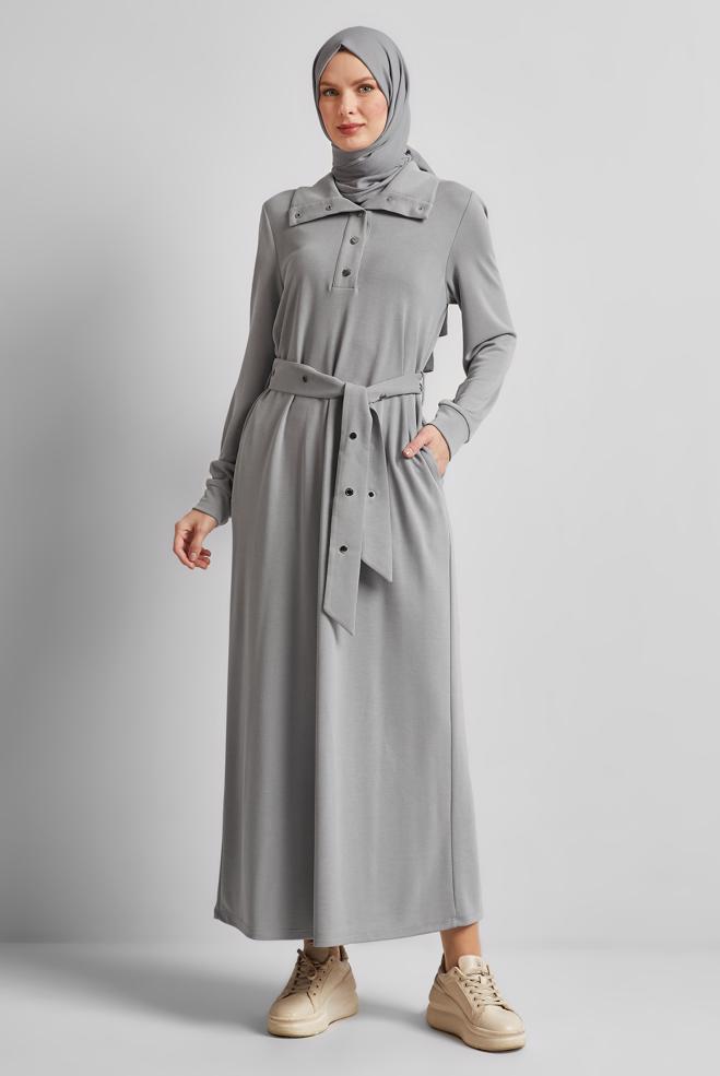 Tesettür giyim GRİ KUŞAKLI EŞOFMAN ELBİSE 45465 - ALVİNA