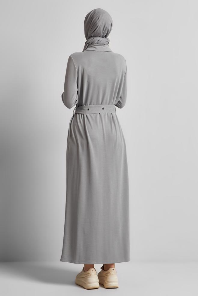 Tesettür giyim GRİ KUŞAKLI EŞOFMAN ELBİSE 45465 - ALVİNA