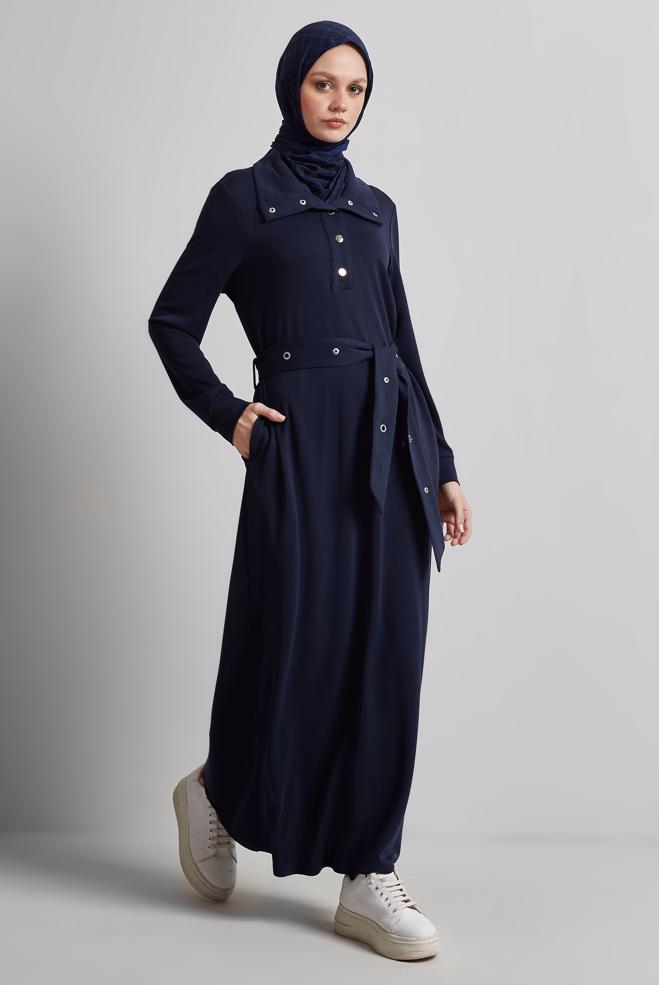 Vêtements hijab BLEU MARINE ROBE DE SURVÊTEMENT CEINTURÉE 45465 - ALVİNA