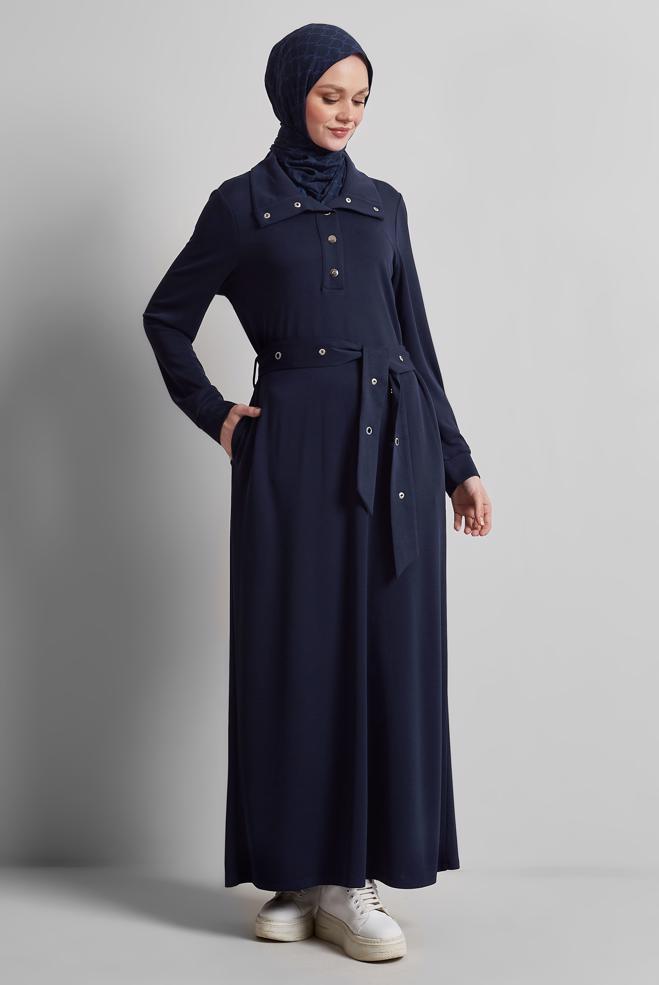 Vêtements hijab BLEU MARINE ROBE DE SURVÊTEMENT CEINTURÉE 45465 - ALVİNA
