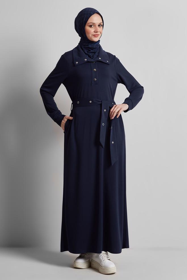 Vêtements hijab BLEU MARINE ROBE DE SURVÊTEMENT CEINTURÉE 45465 - ALVİNA