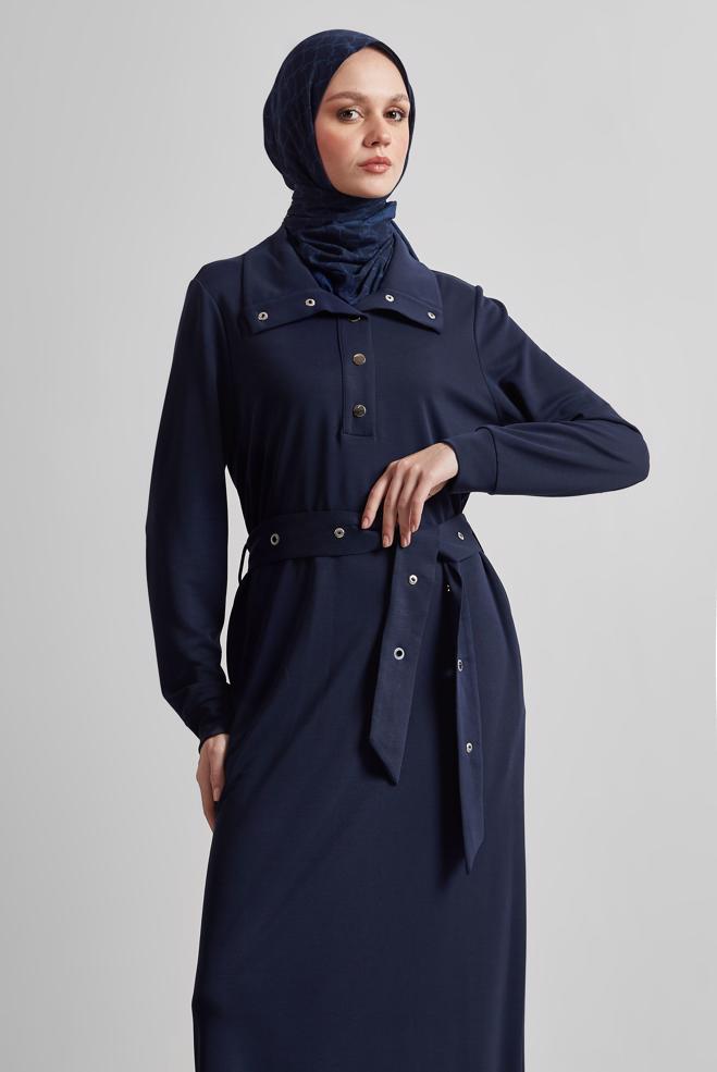 Vêtements hijab BLEU MARINE ROBE DE SURVÊTEMENT CEINTURÉE 45465 - ALVİNA