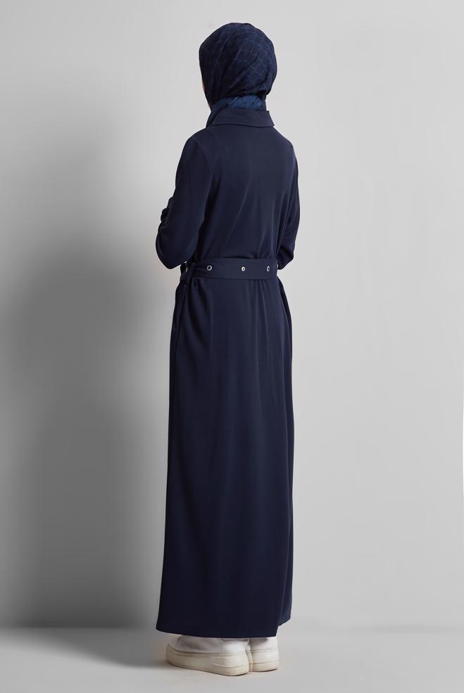 Vêtements hijab BLEU MARINE ROBE DE SURVÊTEMENT CEINTURÉE 45465 - ALVİNA
