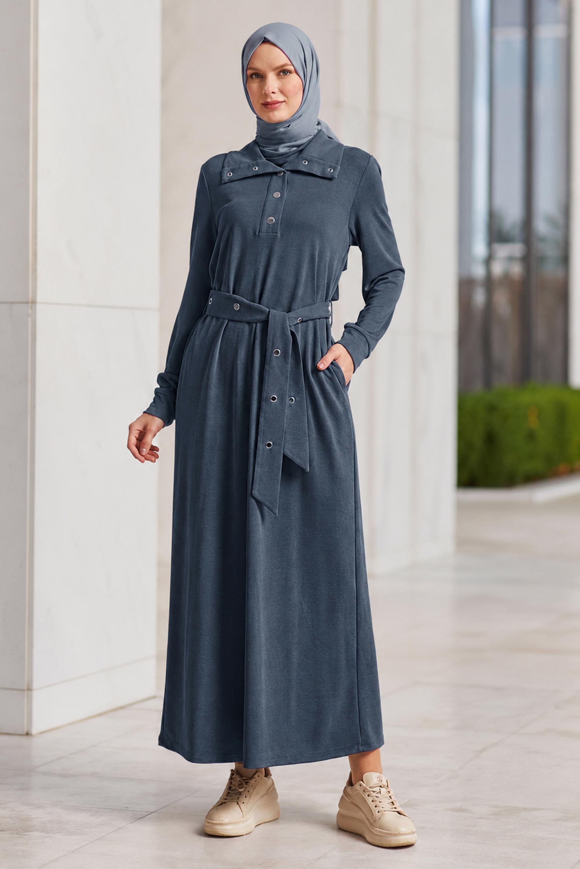 Tesettür giyim GRİ KUŞAKLI MODAL EŞOFMAN ELBİSE 45465