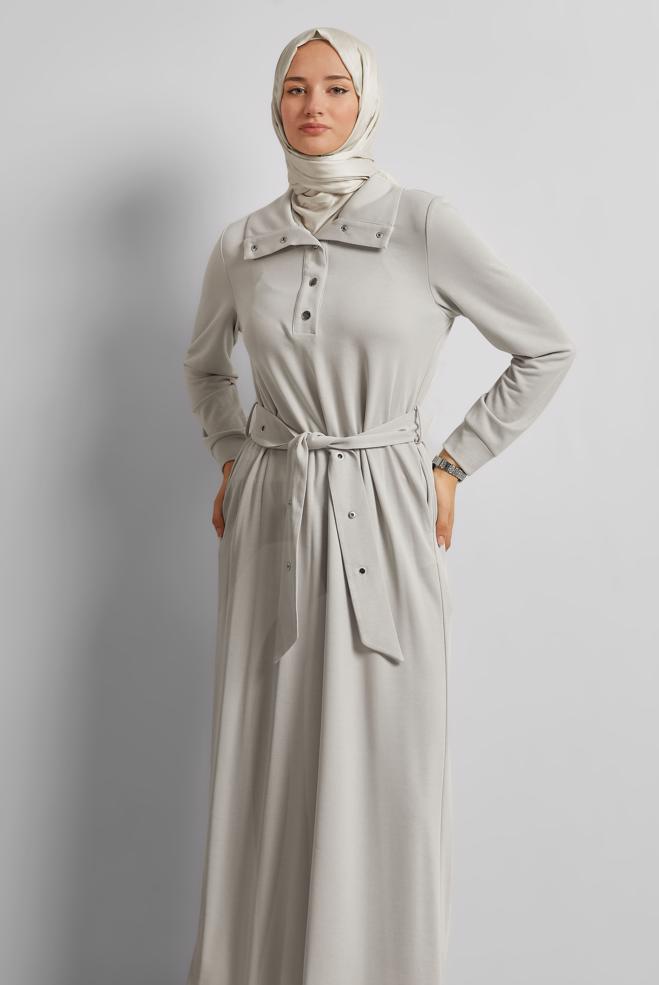 Tesettür giyim BEJ KUŞAKLI EŞOFMAN ELBİSE 45465 - ALVİNA