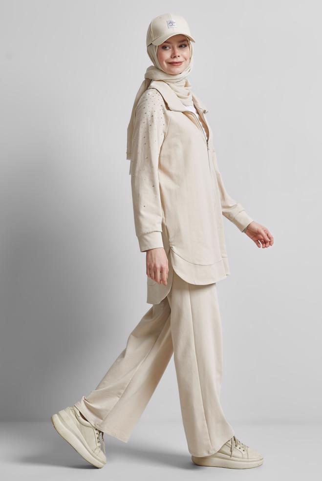 Hijab-Kleidung BEIGE TRAININGSANZUG-SET MIT HOSE 45467 - ALVİNA