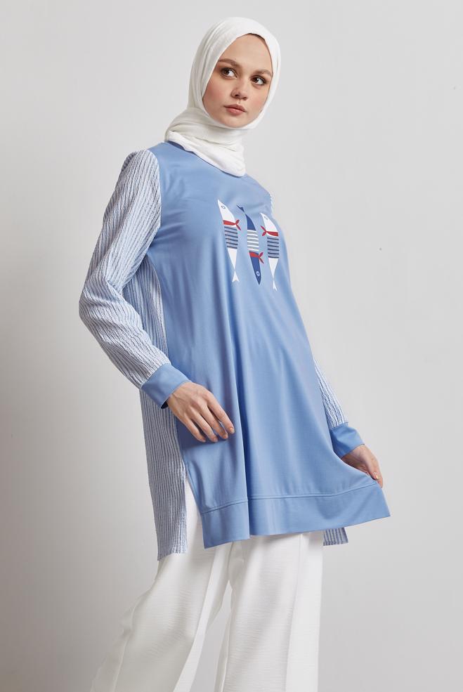 Hijab-Kleidung BLAU TRAININGSTUNIKA MIT DRUCK 45468 - ALVİNA