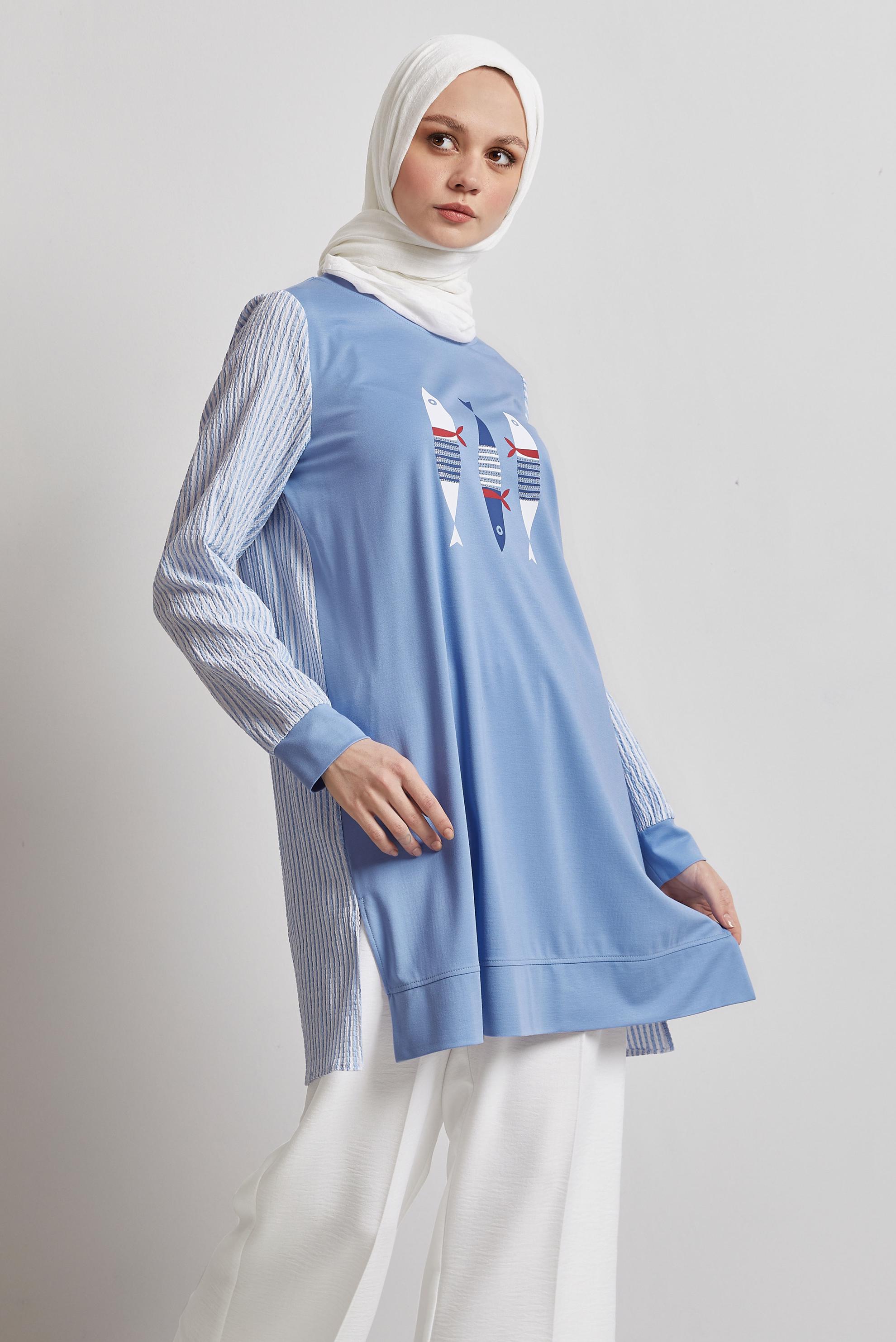 Tesettür giyim MAVİ BASKILI EŞOFMAN TUNİK 45468