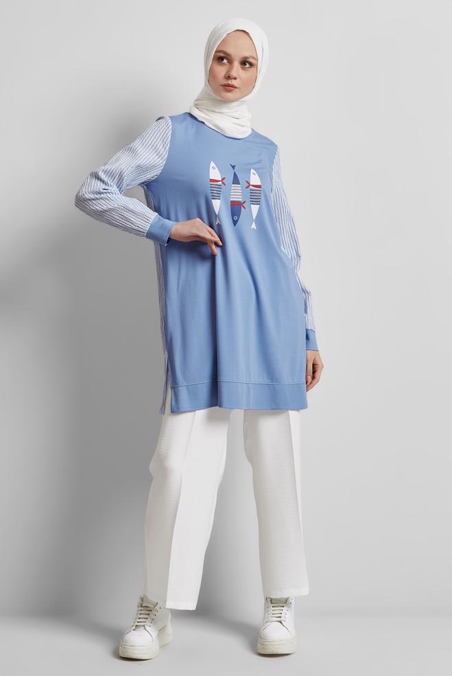 Hijab-Kleidung BLAU TRAININGSTUNIKA MIT DRUCK 45468 - ALVİNA