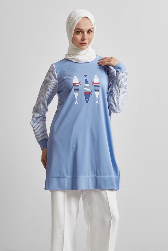 Hijab-Kleidung BLAU TRAININGSTUNIKA MIT DRUCK 45468 - ALVİNA