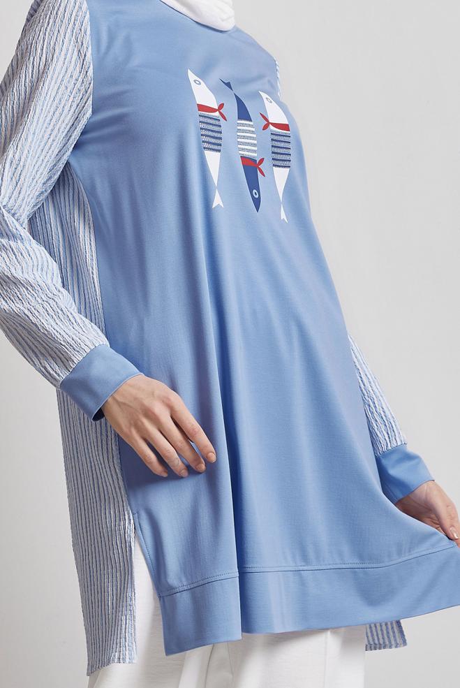 Hijab-Kleidung BLAU TRAININGSTUNIKA MIT DRUCK 45468 - ALVİNA