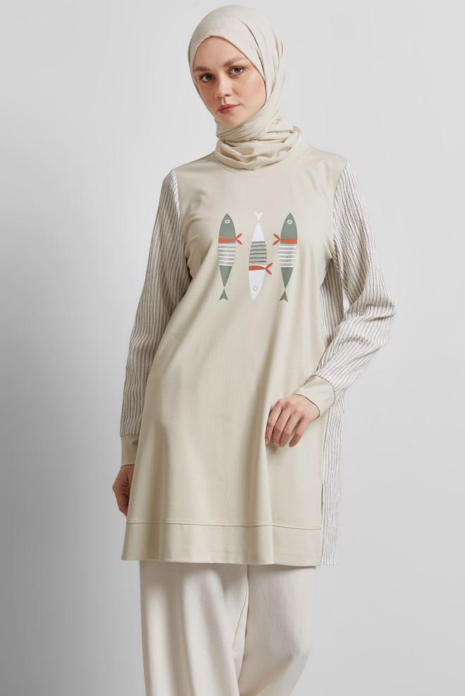 Hijab-Kleidung SAND TRAININGSTUNIKA MIT DRUCK 45468 - ALVİNA