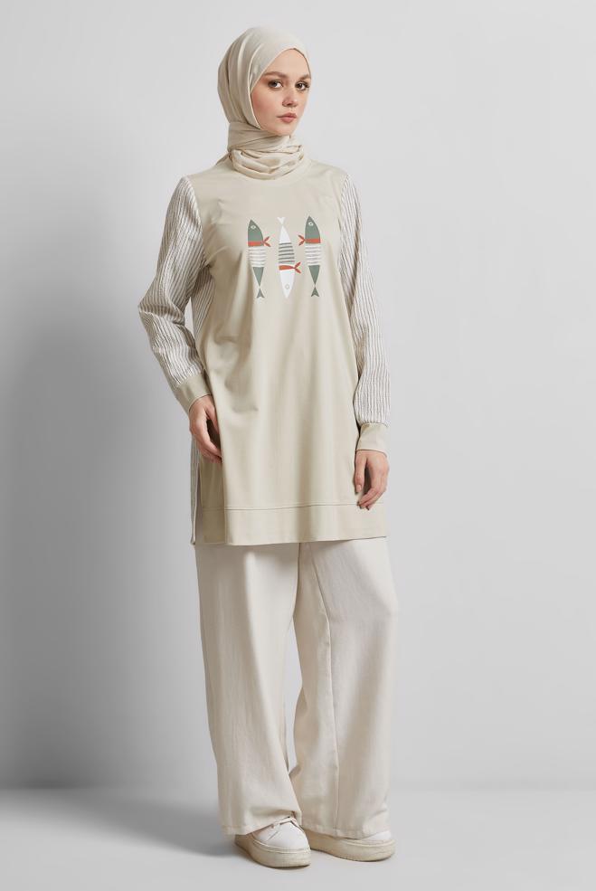 Hijab-Kleidung SAND TRAININGSTUNIKA MIT DRUCK 45468 - ALVİNA