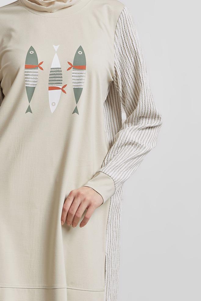 Hijab-Kleidung SAND TRAININGSTUNIKA MIT DRUCK 45468 - ALVİNA