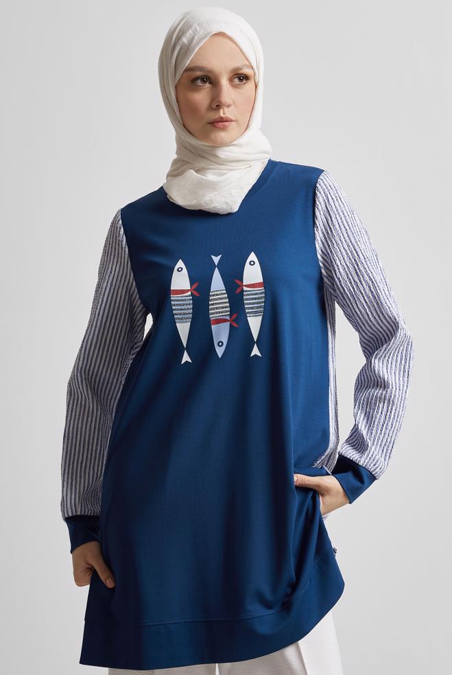 Hijab-Kleidung NAVY BLAU TRAININGSTUNIKA MIT DRUCK 45468 - ALVİNA