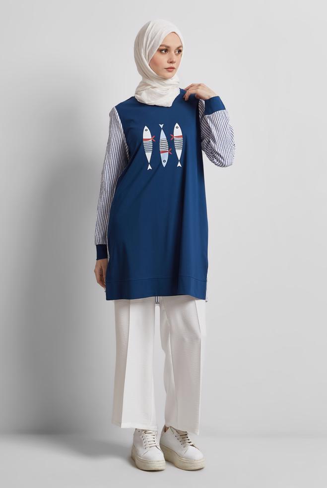 Hijab-Kleidung NAVY BLAU TRAININGSTUNIKA MIT DRUCK 45468 - ALVİNA