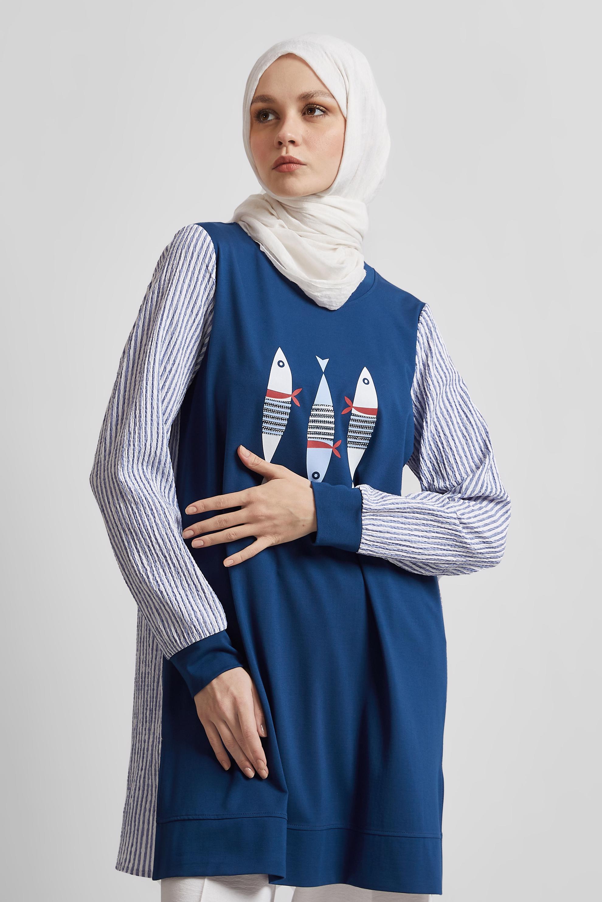 Tesettür giyim LACİVERT BASKILI EŞOFMAN TUNİK 45468