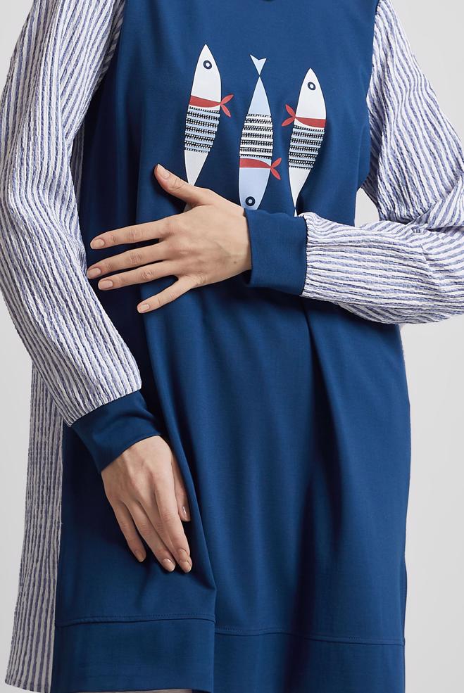 Hijab-Kleidung NAVY BLAU TRAININGSTUNIKA MIT DRUCK 45468 - ALVİNA