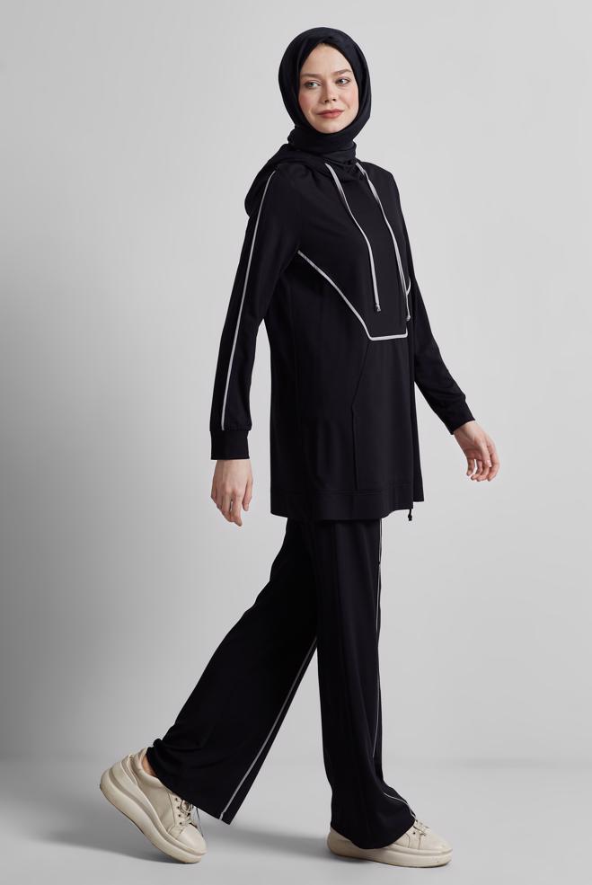 Hijab-Kleidung SCHWARZ TRAININGSANZUG-SET MIT HOSE 45469 - ALVİNA