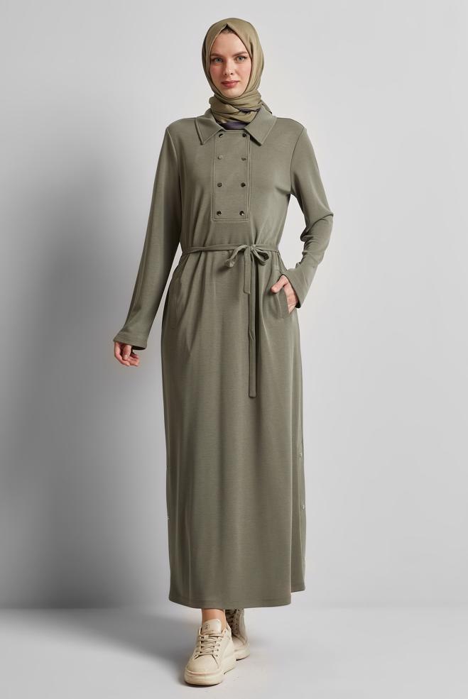 Tesettür giyim HAKİ KUŞAKLI EŞOFMAN ELBİSE 45470 - ALVİNA