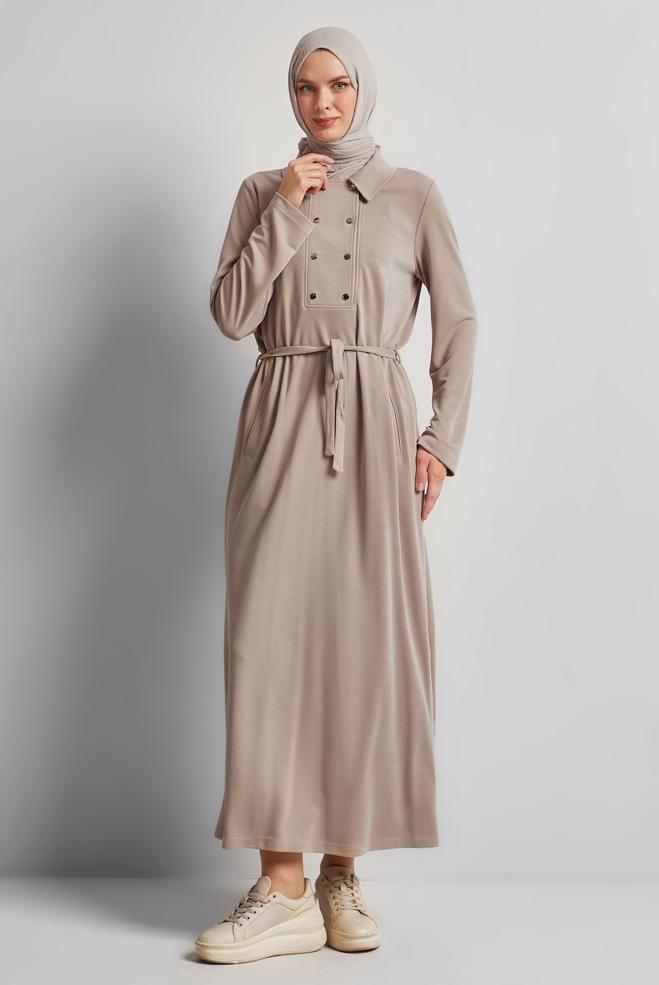 Tesettür giyim BEJ KUŞAKLI EŞOFMAN ELBİSE 45470 - ALVİNA