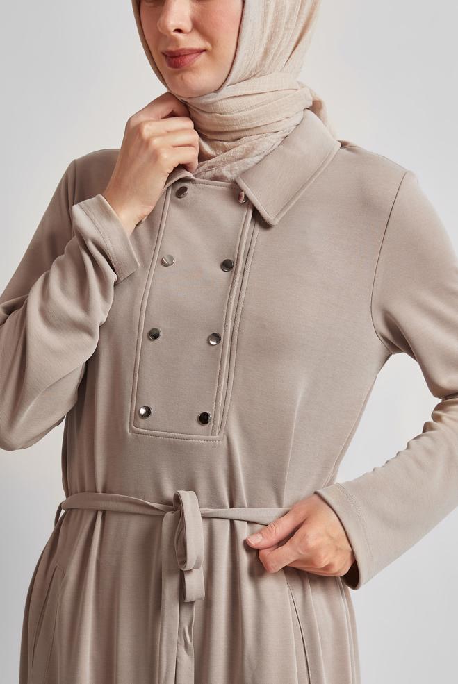 Tesettür giyim BEJ KUŞAKLI EŞOFMAN ELBİSE 45470 - ALVİNA